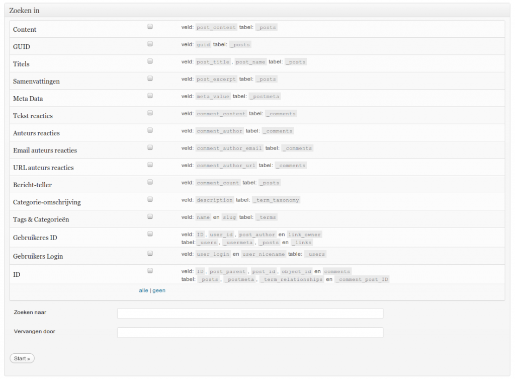 Zoeken in specifieke tabelvelden van de WordPress database Zoeken in specifieke tabelvelden van de WordPress database